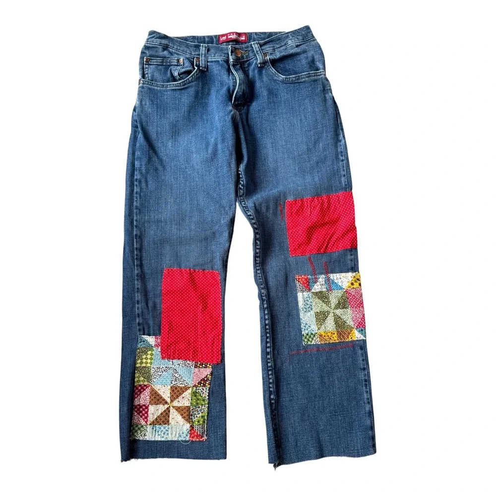 VINTAGE Lee Upcycled Cottagecore Patchwork Quilt Jeans Raw Hem Y2K Reworked 00/0